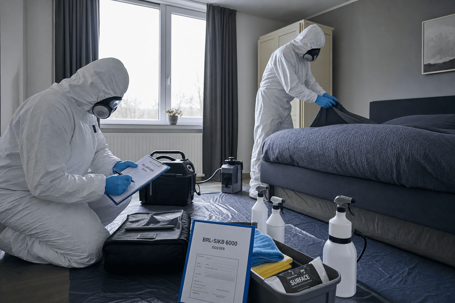 Werk volgens BRL-SIKB 6000 - Tyvek, P3-respirator en dubbele handschoen